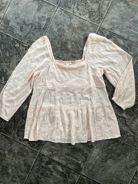 AMERICAN EAGLE Blush Pink Peasant Coquette Whimsi Square Neck 3/4 Sleeve Blouse